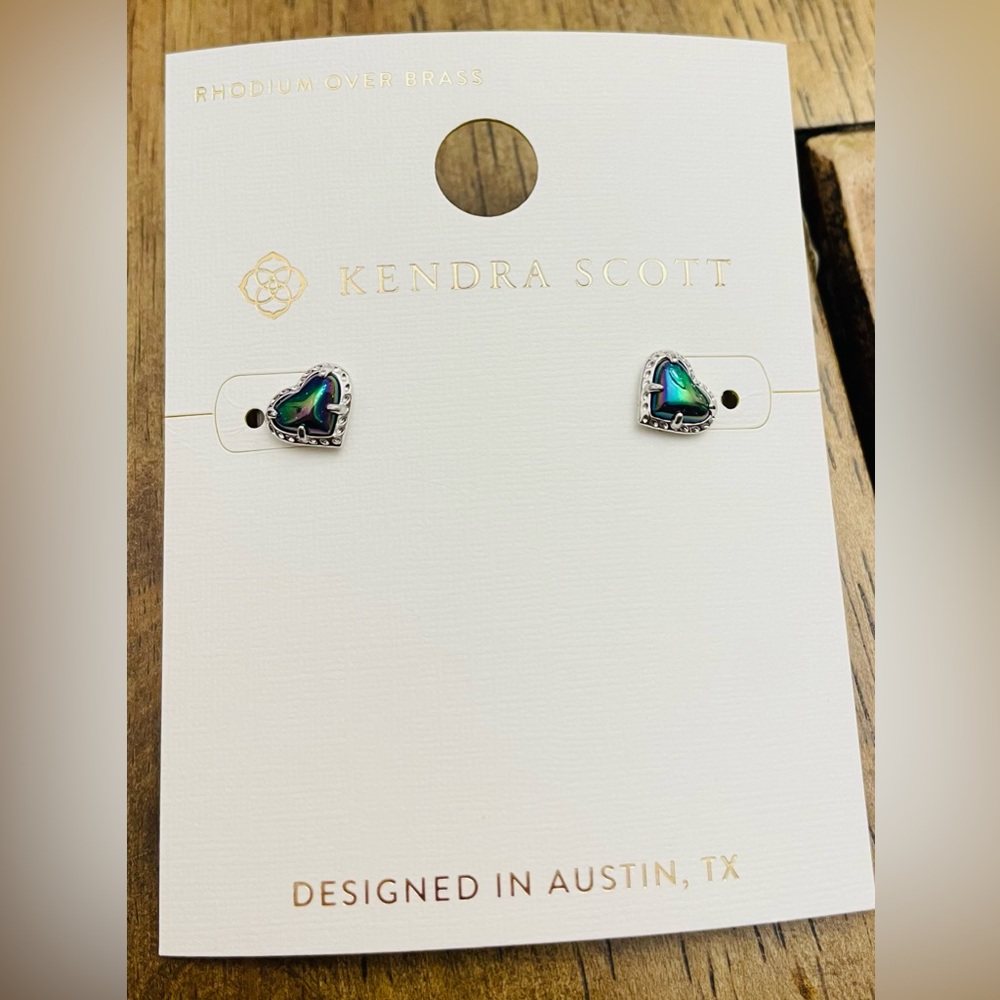 Kendra Scott Anna Heart Stud Earring Navy Iridescent Silver Rhodium Over Brass - Picture 2 of 2